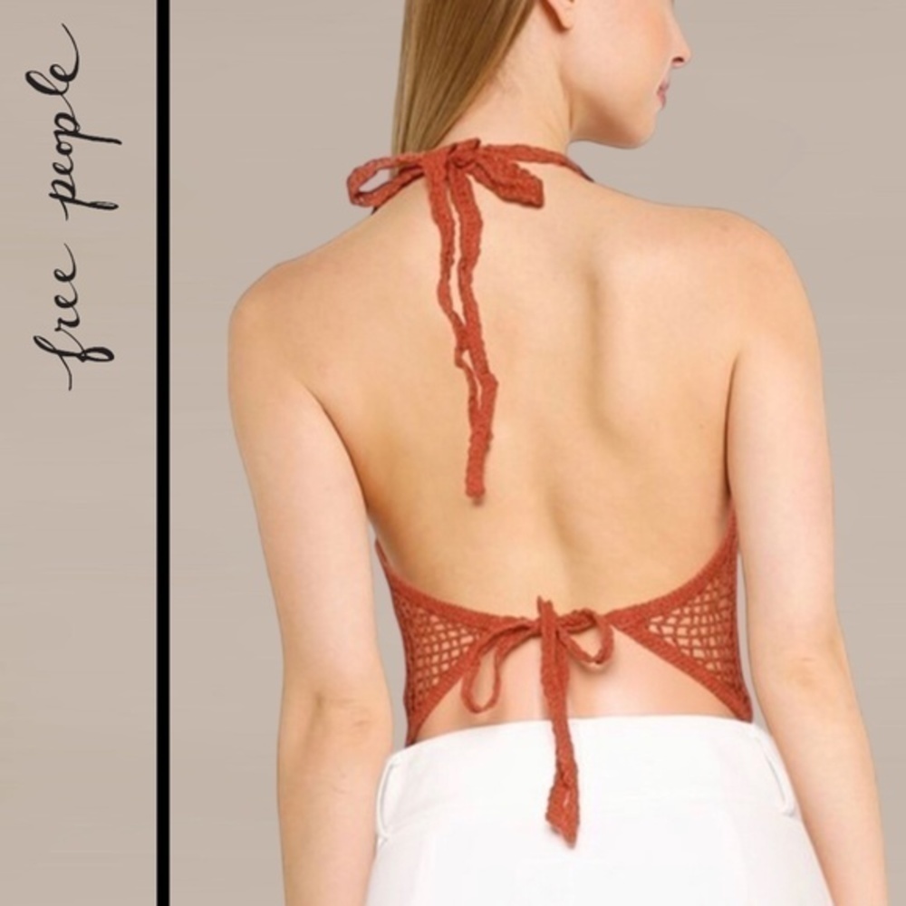 FREE PEOPLE Sydney Crochet Halter-Ties Open Back Crop Top/Bralette-Lg NWT - Picture 6 of 16